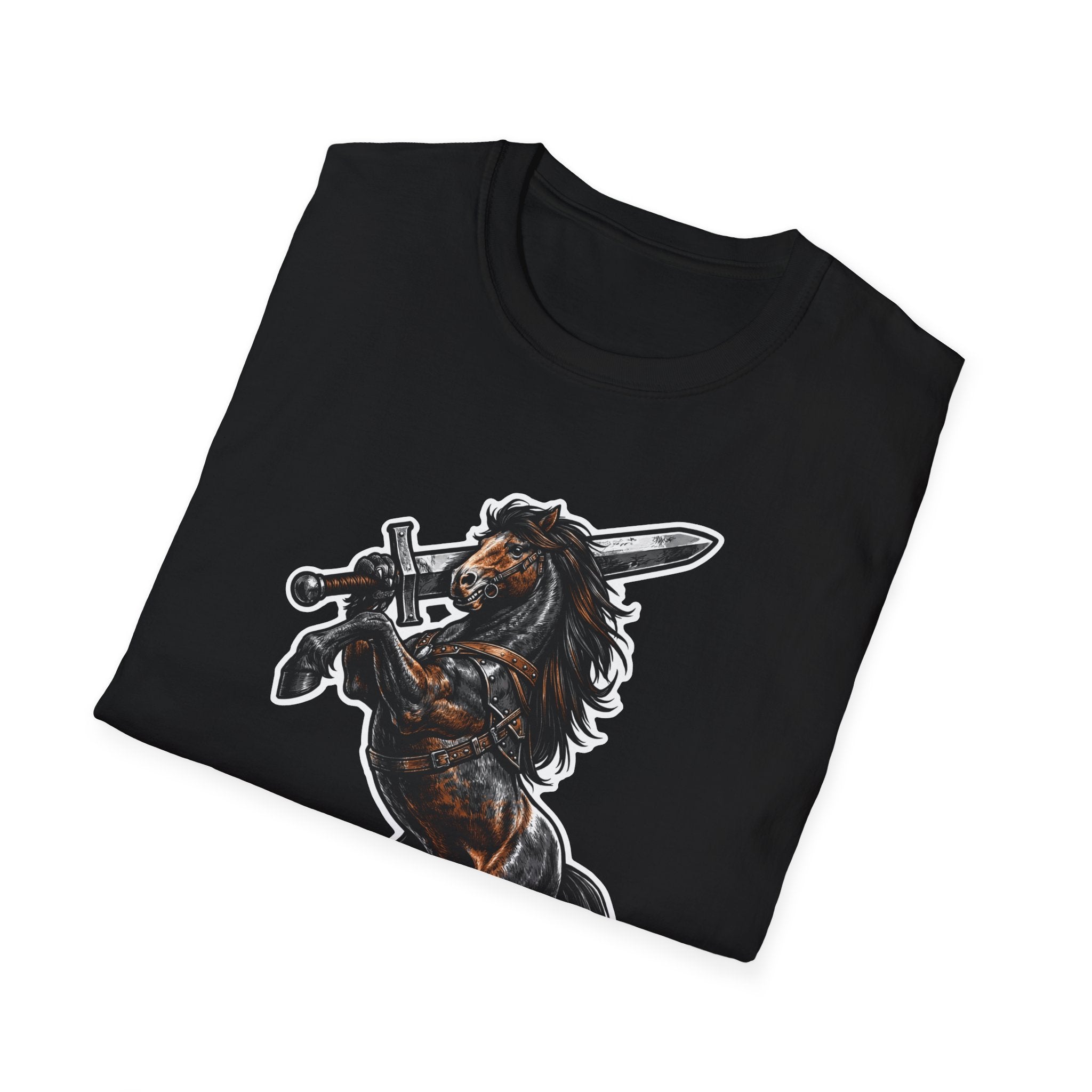 Unbridled Steel Action Hero Horse T-Shirt | Medieval Warrior Sword-Wielding Horse Graphic Tee | Mane Event Collection by PetPulse
