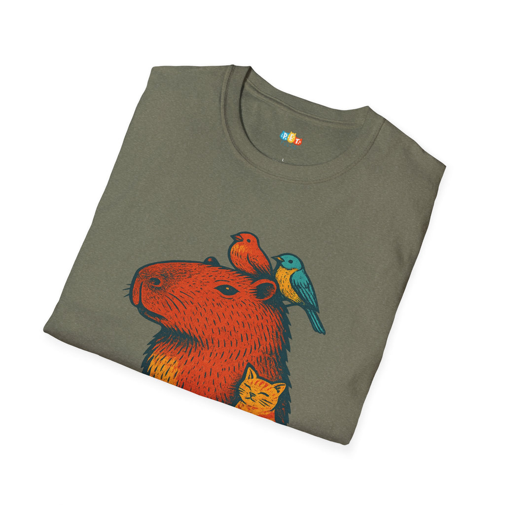 Unbothered Capybara With Cat And Birds T-Shirt - Funny Chill Animal Friendship Zen Vibes Graphic Tee