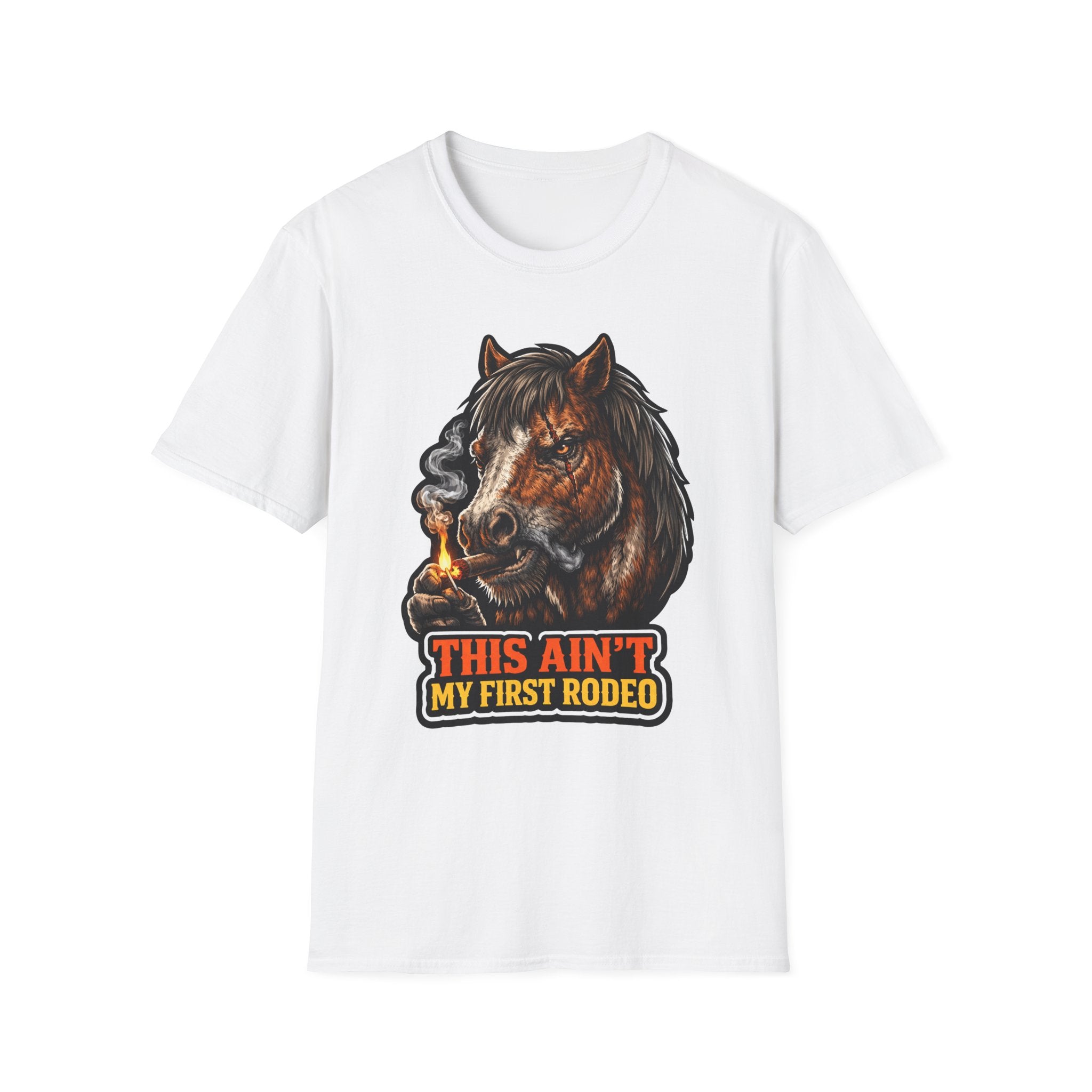 This Ain't My First Rodeo Action Hero Horse T-Shirt | Battle-Scarred Cigar Smoking Horse Graphic Tee | Mane Event Collection by PetPulse