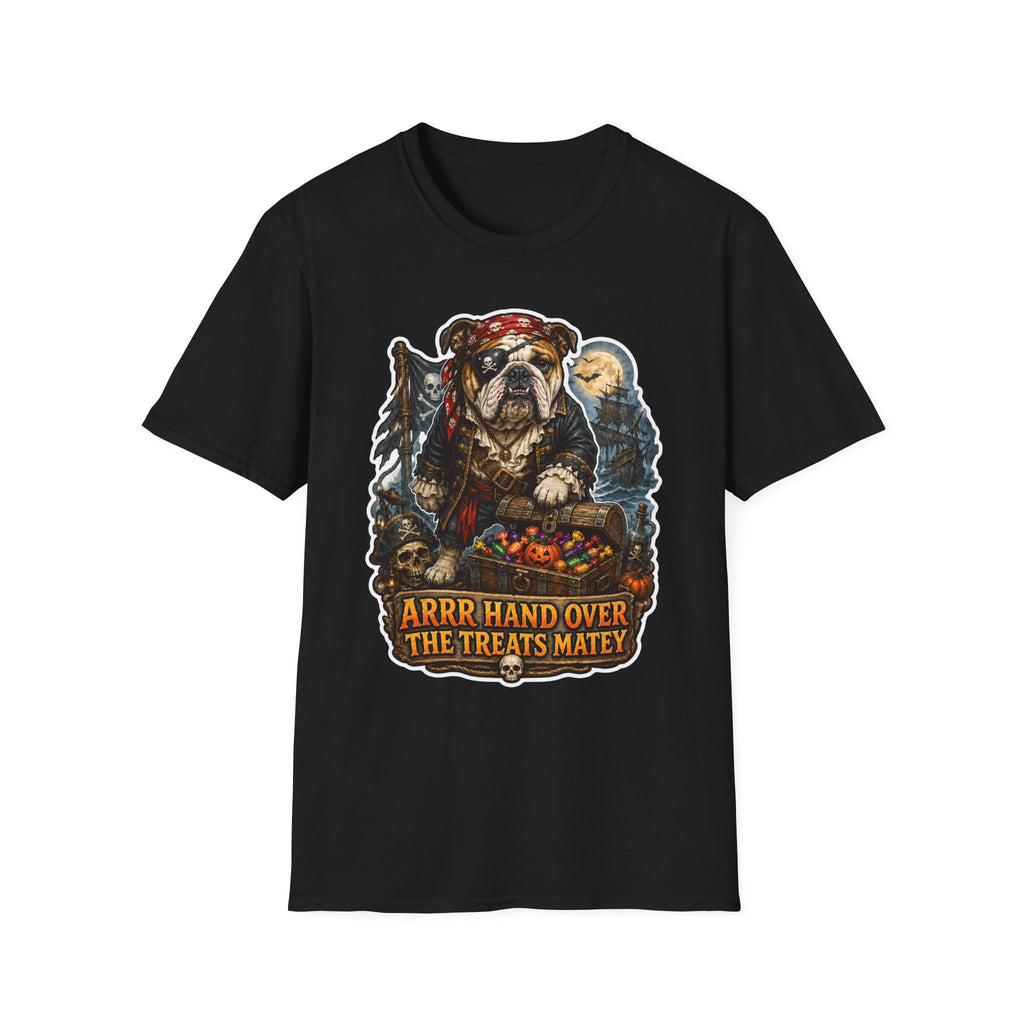 Arrr Hand Over the Treats Matey Pirate Bulldog T-Shirt | Halloween Pet T-Shirts Collection by PetPulse