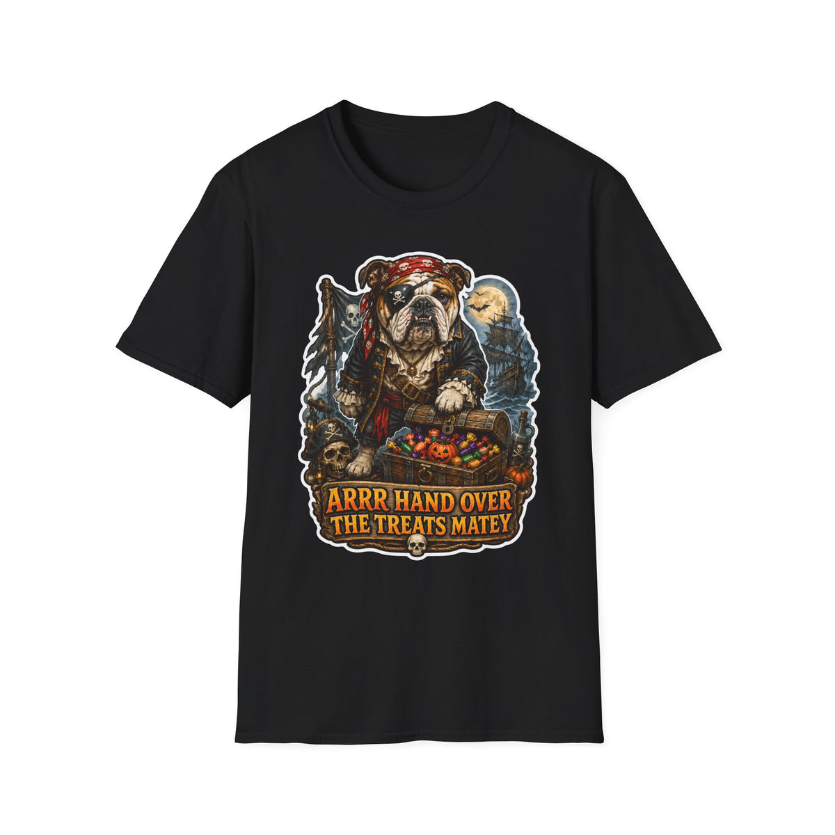 Arrr Hand Over the Treats Matey Pirate Bulldog T-Shirt | Halloween Pet T-Shirts Collection by PetPulse