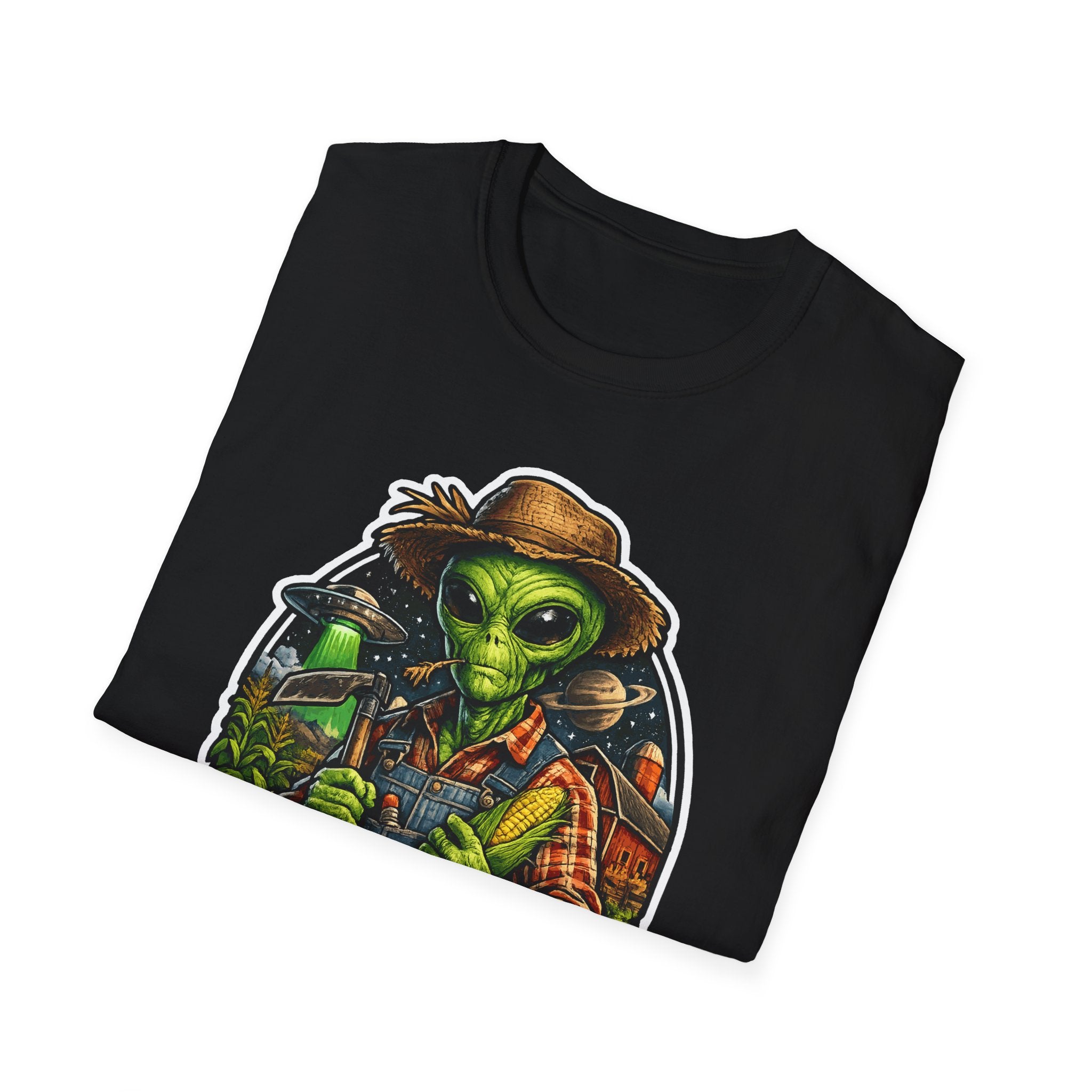 Celestial Green Thumb Funny Alien Farmer T-Shirt | Cosmic Encounters Collection by PetPulse