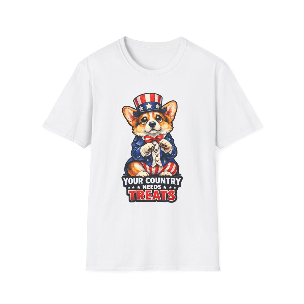 Your Country Needs Treats Funny Uncle Sam Corgi T-Shirt | Patriotic Pembroke Welsh Corgi Costume Graphic Tee | Uncle Sam Pups