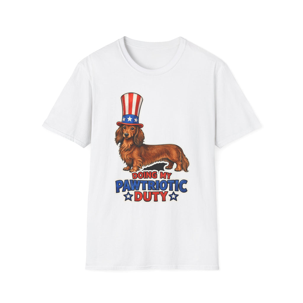 Doing My Pawtriotic Duty Funny Uncle Sam Long-Haired Dachshund T-Shirt | Patriotic Doxie in Top Hat Graphic Tee | Uncle Sam Pups