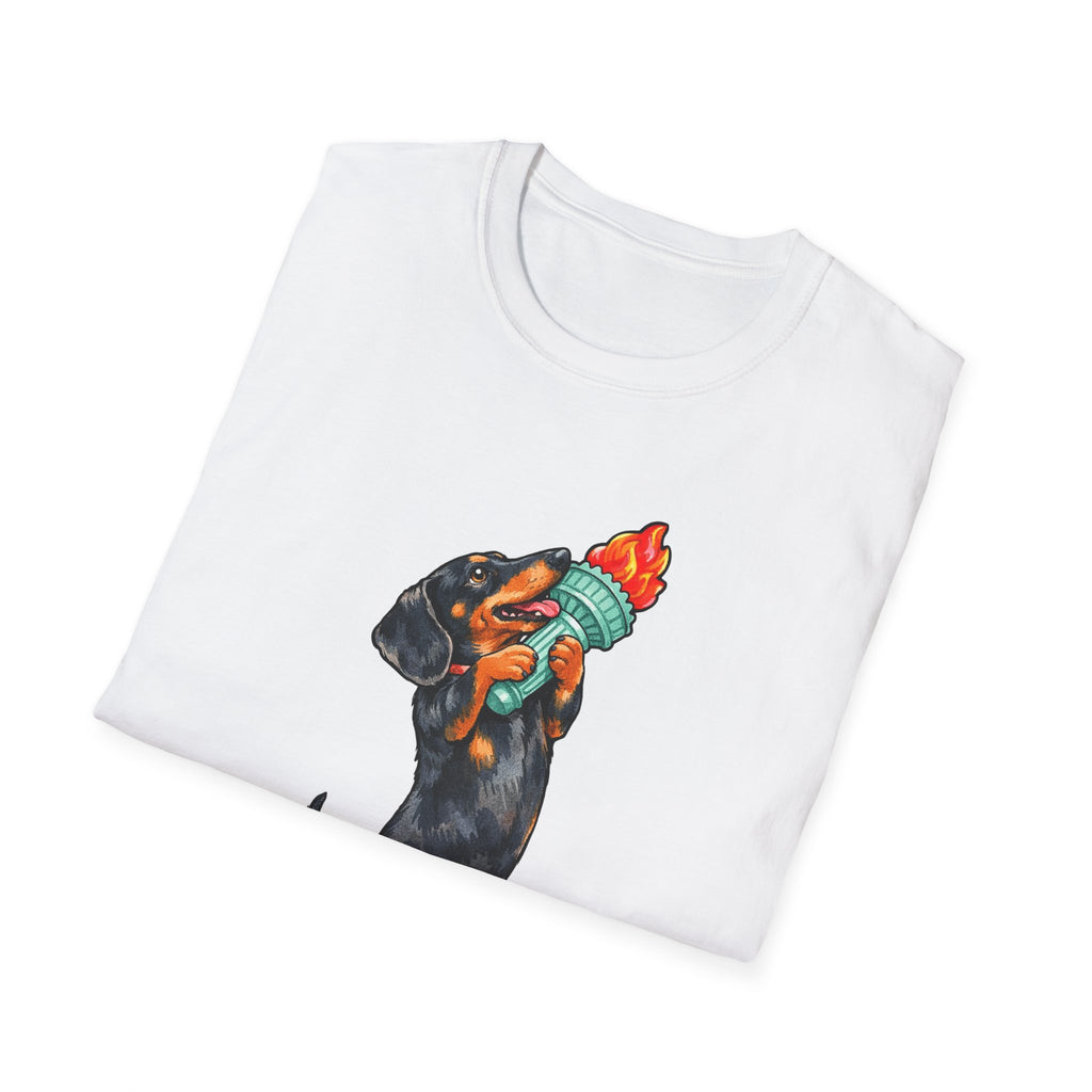 Long May Freedom Reign Funny Dachshund Statue of Liberty Torch T-Shirt | Lady Liberty Pups Collection by PetPulse