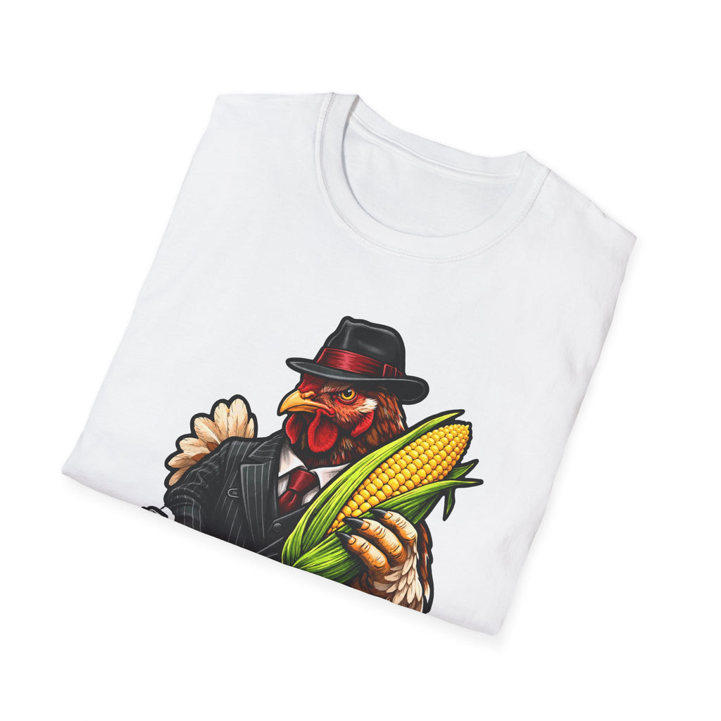Leave Gun Take Corn Funny Mobster Chicken T-Shirt | Tommy Gun Rooster With Corn Graphic Tee for Chicken Owners | PetPulse