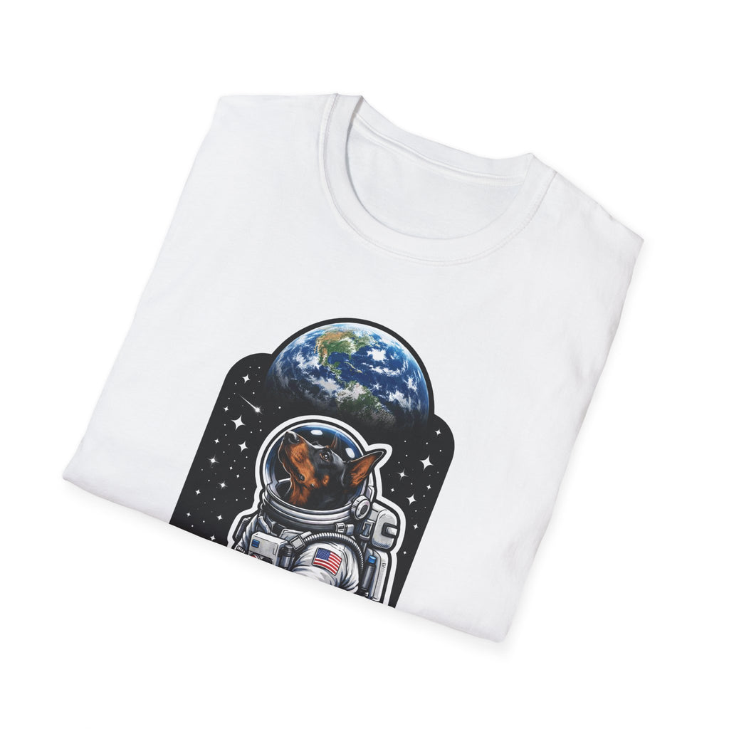Dober-Moon Funny Doberman Pinscher on the Moon T-Shirt | Cosmic Encounters Collection by PetPulse