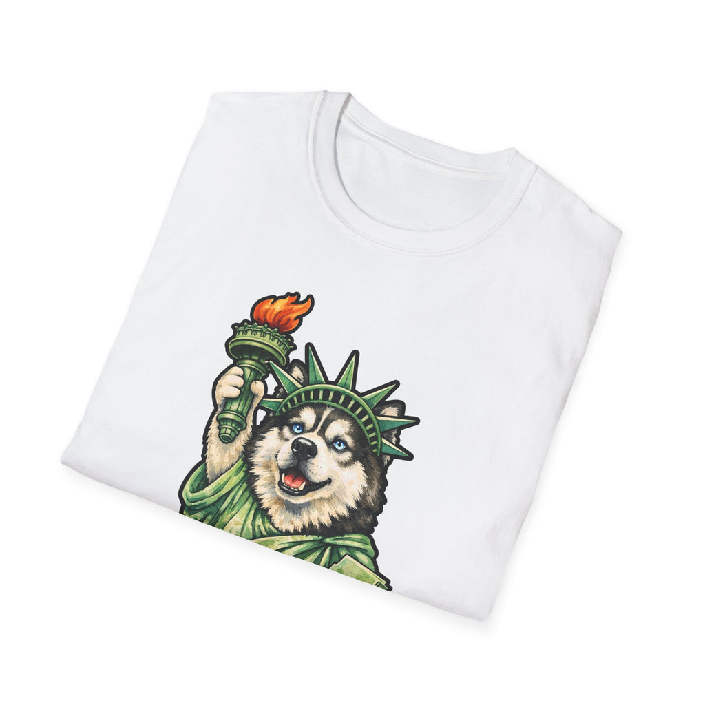 Howling for Independence Funny Siberian Husky Statue of Liberty T-Shirt | Lady Liberty Pups Collection by PetPulse