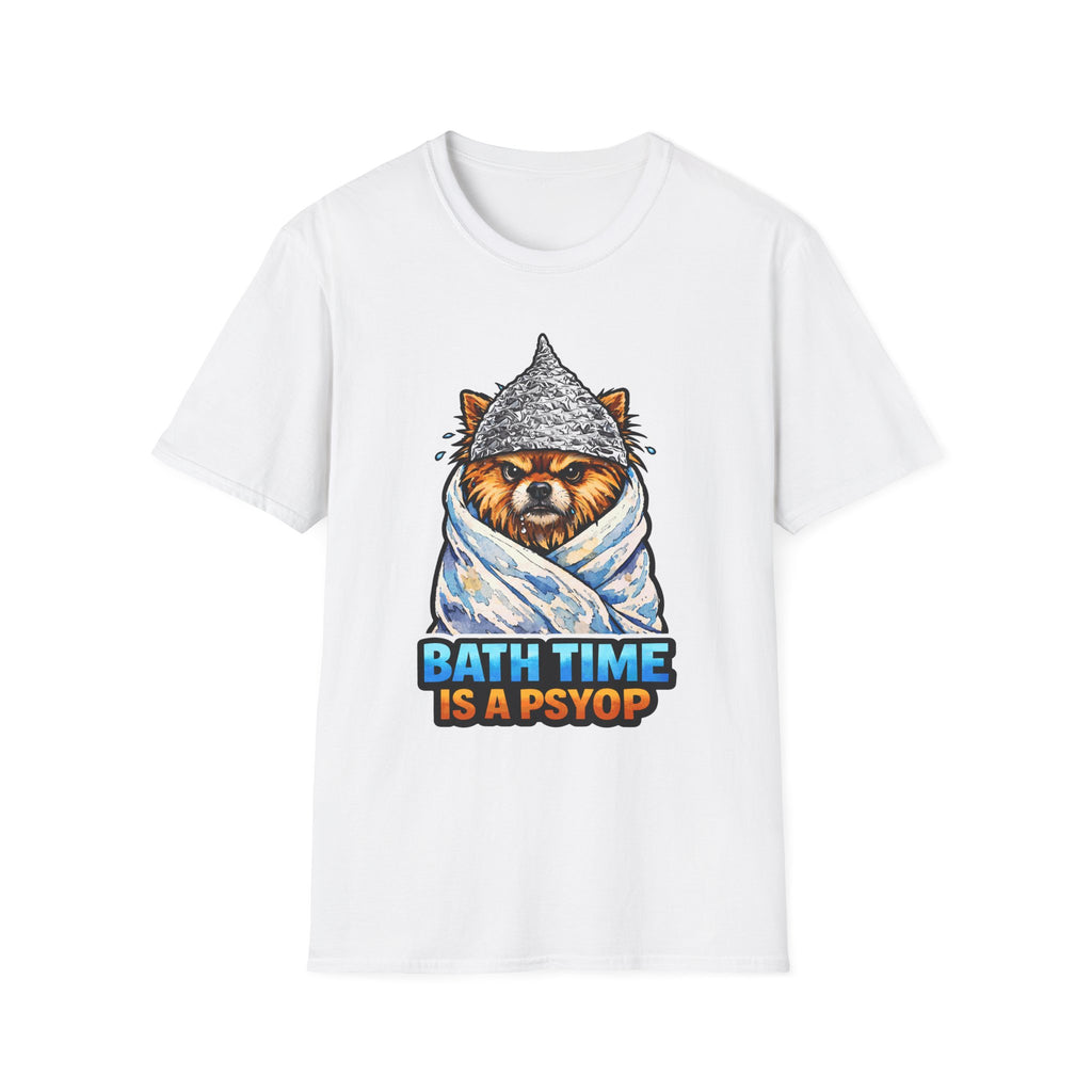 Bath Time Is a Psyop Funny Conspiracy Pomeranian T-Shirt | Pet-Spiracy Theorist Collection by PetPulse