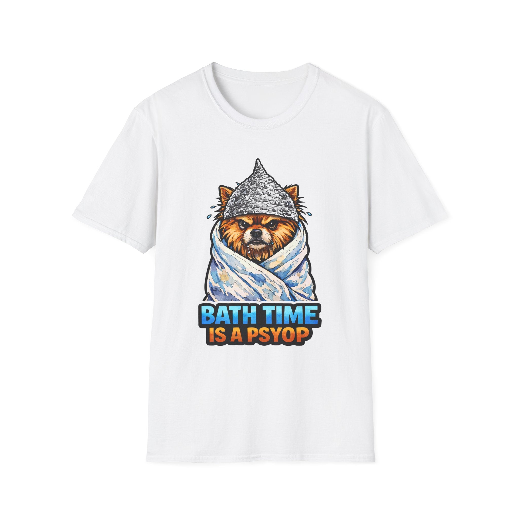 Bath Time Is a Psyop Funny Conspiracy Pomeranian T-Shirt | Pet-Spiracy Theorist Collection by PetPulse