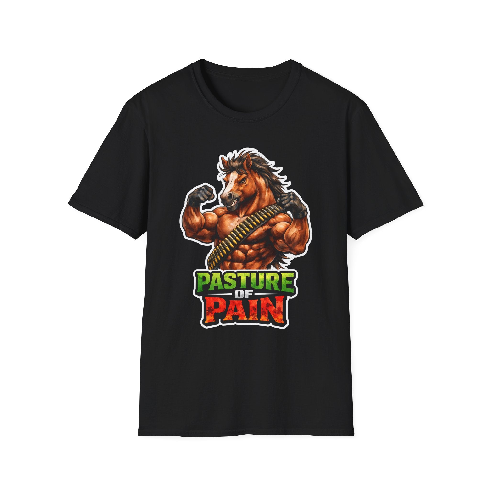 Pasture of Pain Action Hero Horse T-Shirt | Muscle-Bound Rambo Horse Graphic Tee | Mane Event Collection by PetPulse