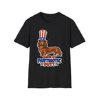 Doing My Pawtriotic Duty Funny Uncle Sam Long-Haired Dachshund T-Shirt | Patriotic Doxie in Top Hat Graphic Tee | Uncle Sam Pups