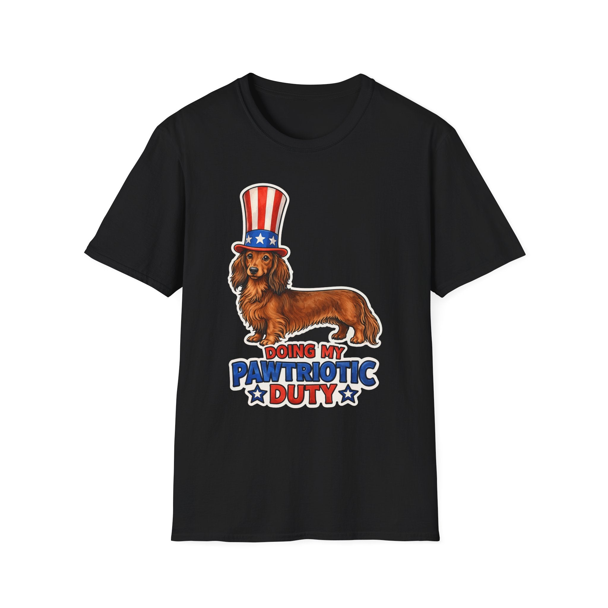 Doing My Pawtriotic Duty Funny Uncle Sam Long-Haired Dachshund T-Shirt | Patriotic Doxie in Top Hat Graphic Tee | Uncle Sam Pups