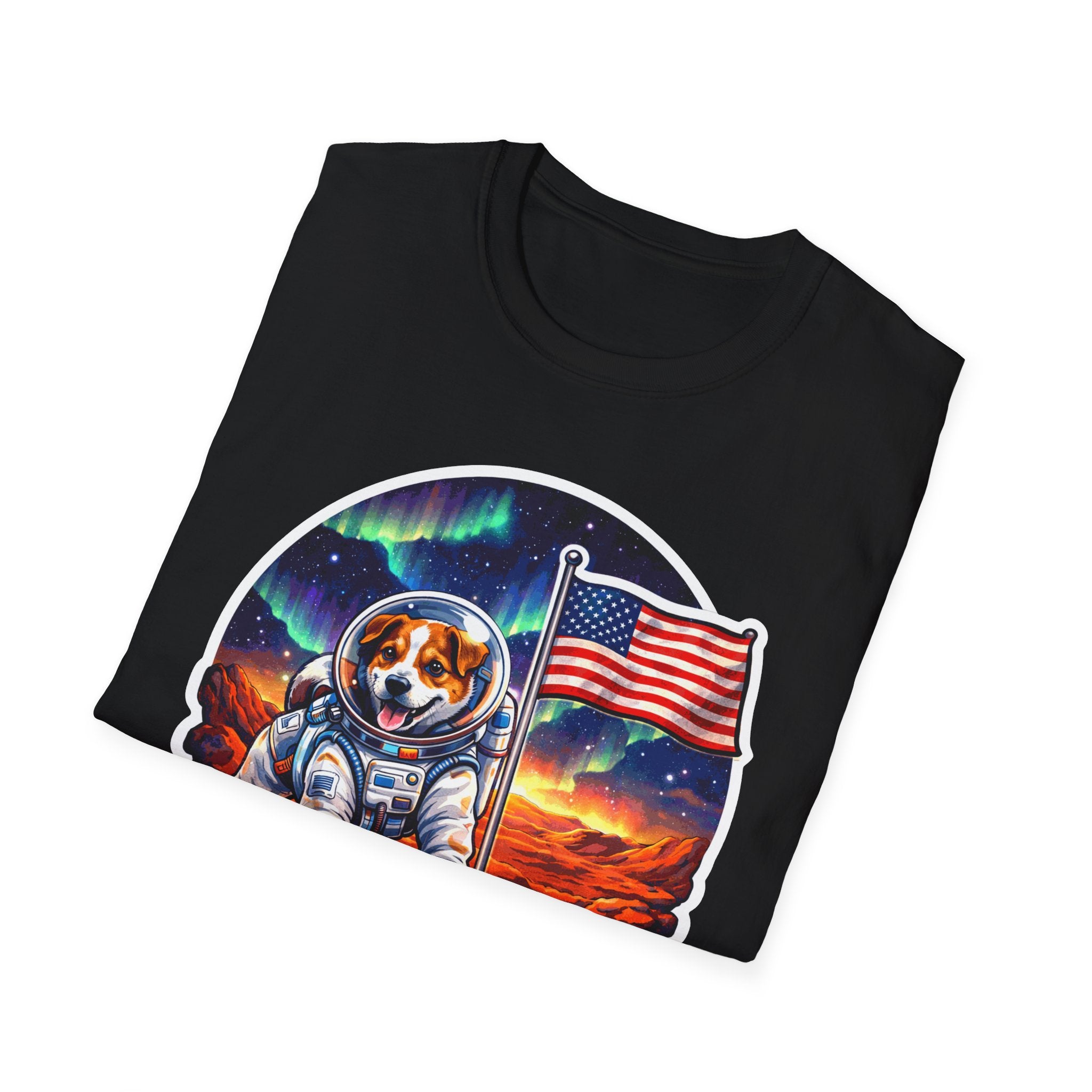 I Dig Mars Funny Dog Astronaut with American Flag T-Shirt | Cosmic Encounters Collection by PetPulse