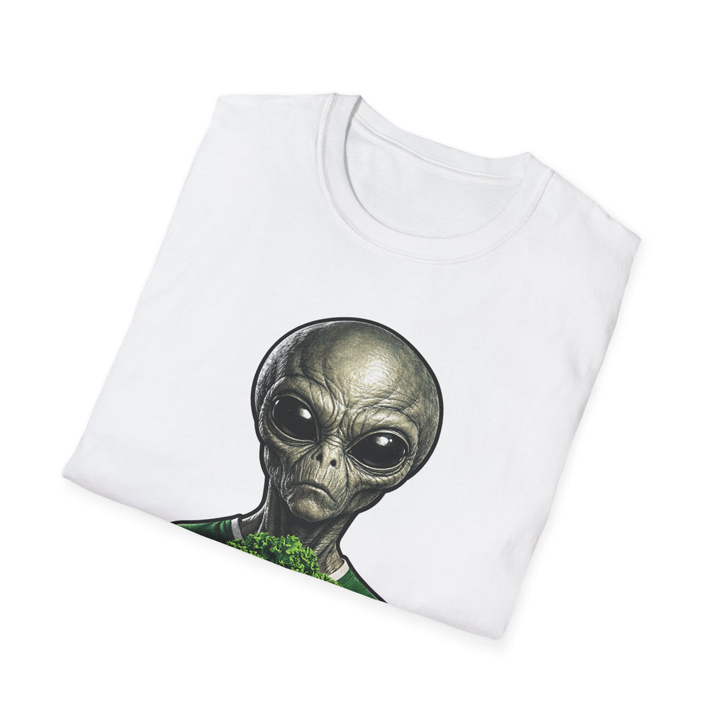 Inter-Kale-Actic Funny Alien Holding Kale T-Shirt | Cosmic Encounters Collection by PetPulse