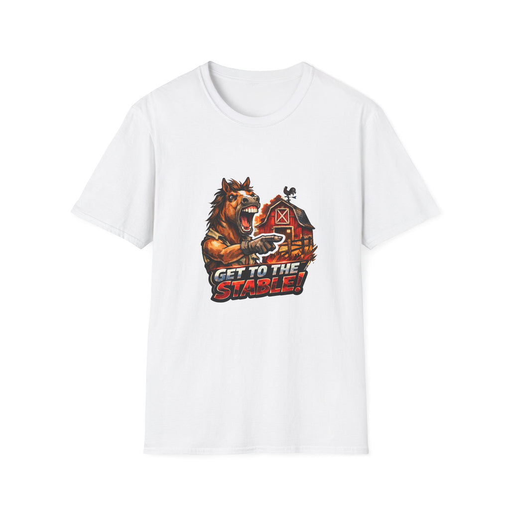 Get to the Stable! Action Hero Horse T-Shirt | Predator Arnold Parody Horse Graphic Tee | Mane Event Collection by PetPulse