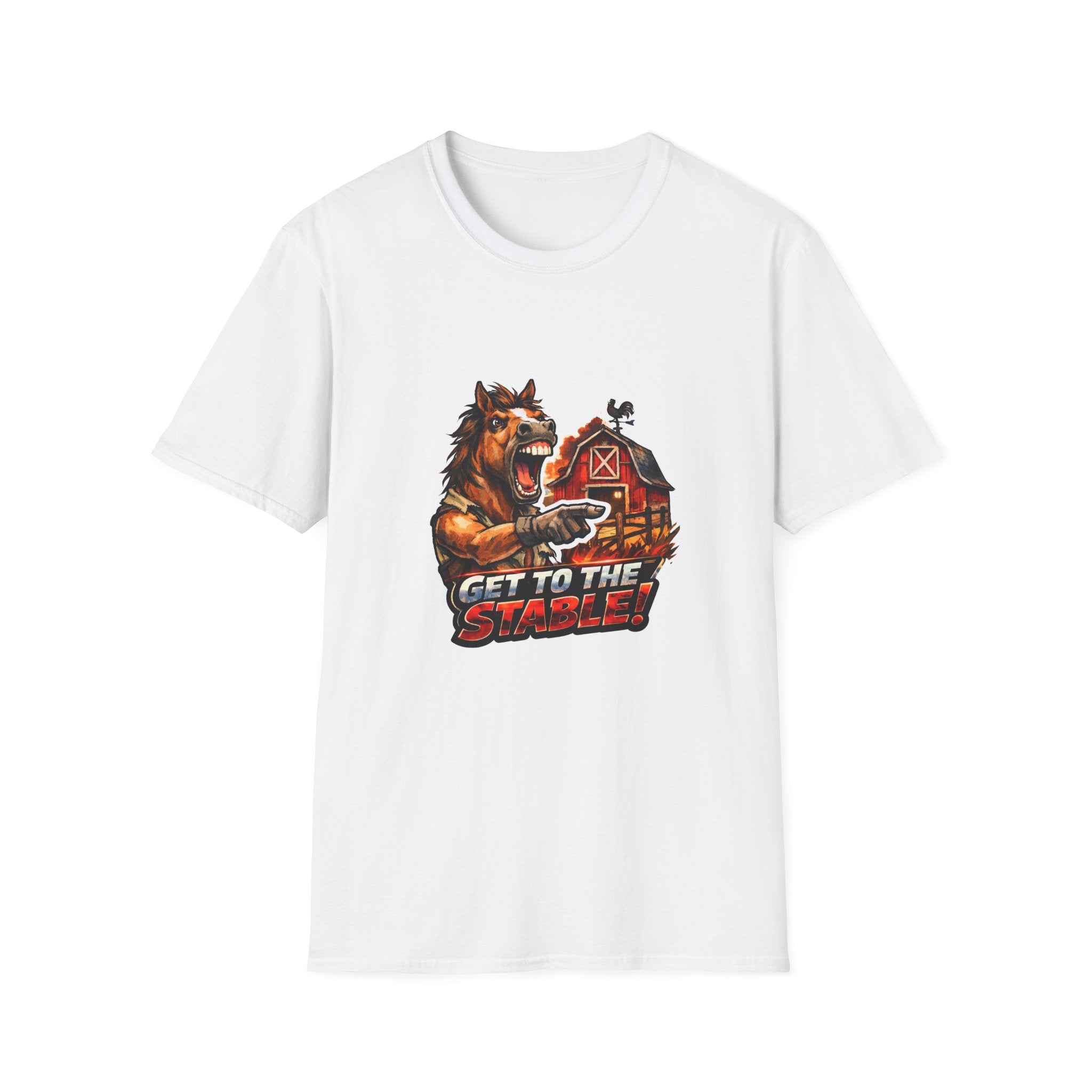 Get to the Stable! Action Hero Horse T-Shirt | Predator Arnold Parody Horse Graphic Tee | Mane Event Collection by PetPulse