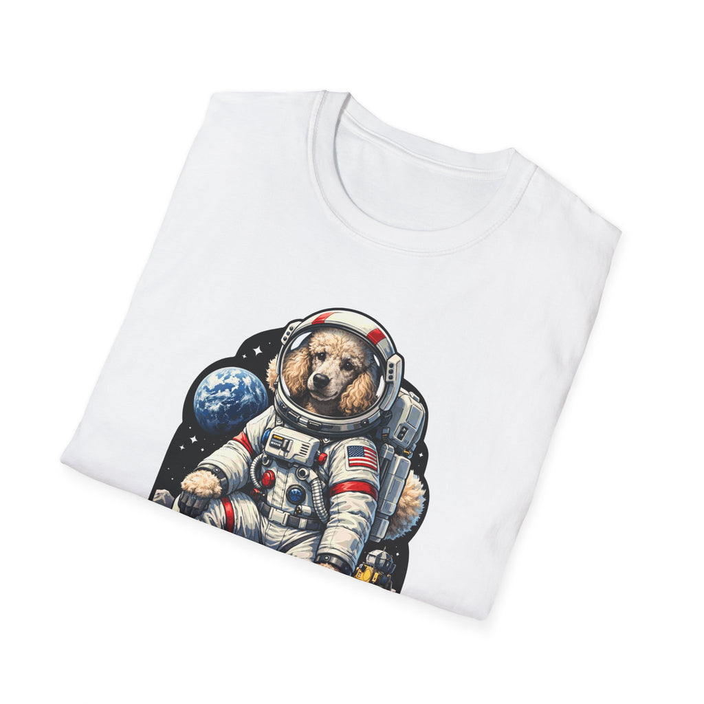 First Poodle on the Moon Funny Astronaut Standard Poodle T-Shirt | Cosmic Encounters Collection by PetPulse