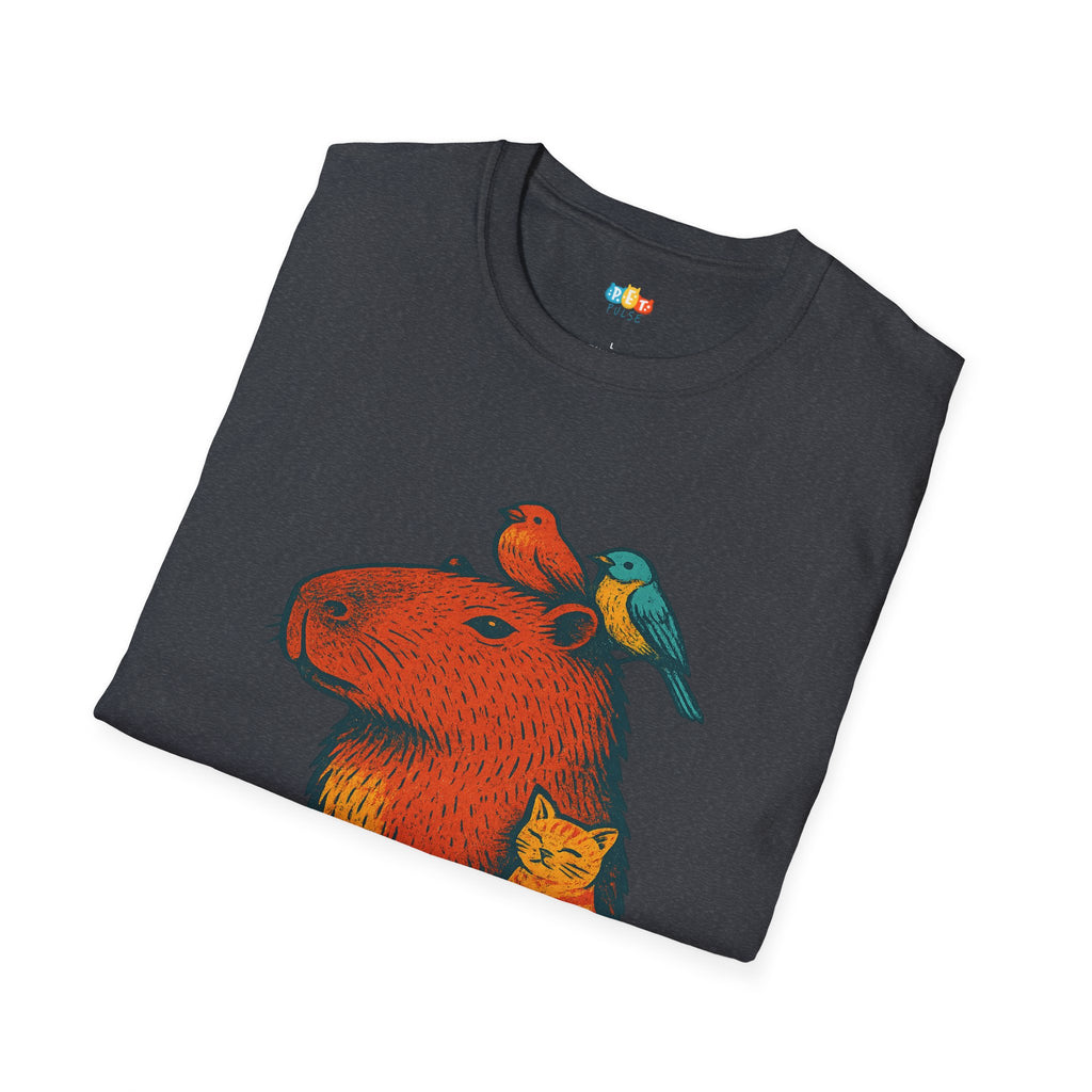 Unbothered Capybara With Cat And Birds T-Shirt - Funny Chill Animal Friendship Zen Vibes Graphic Tee