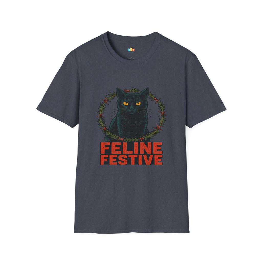Feline Festive Christmas T-Shirt - Black Cat Holiday Wreath Vintage Christmas Spirit Xmas Tee