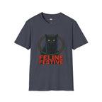 Feline Festive Christmas T-Shirt - Black Cat Holiday Wreath Vintage Christmas Spirit Xmas Tee