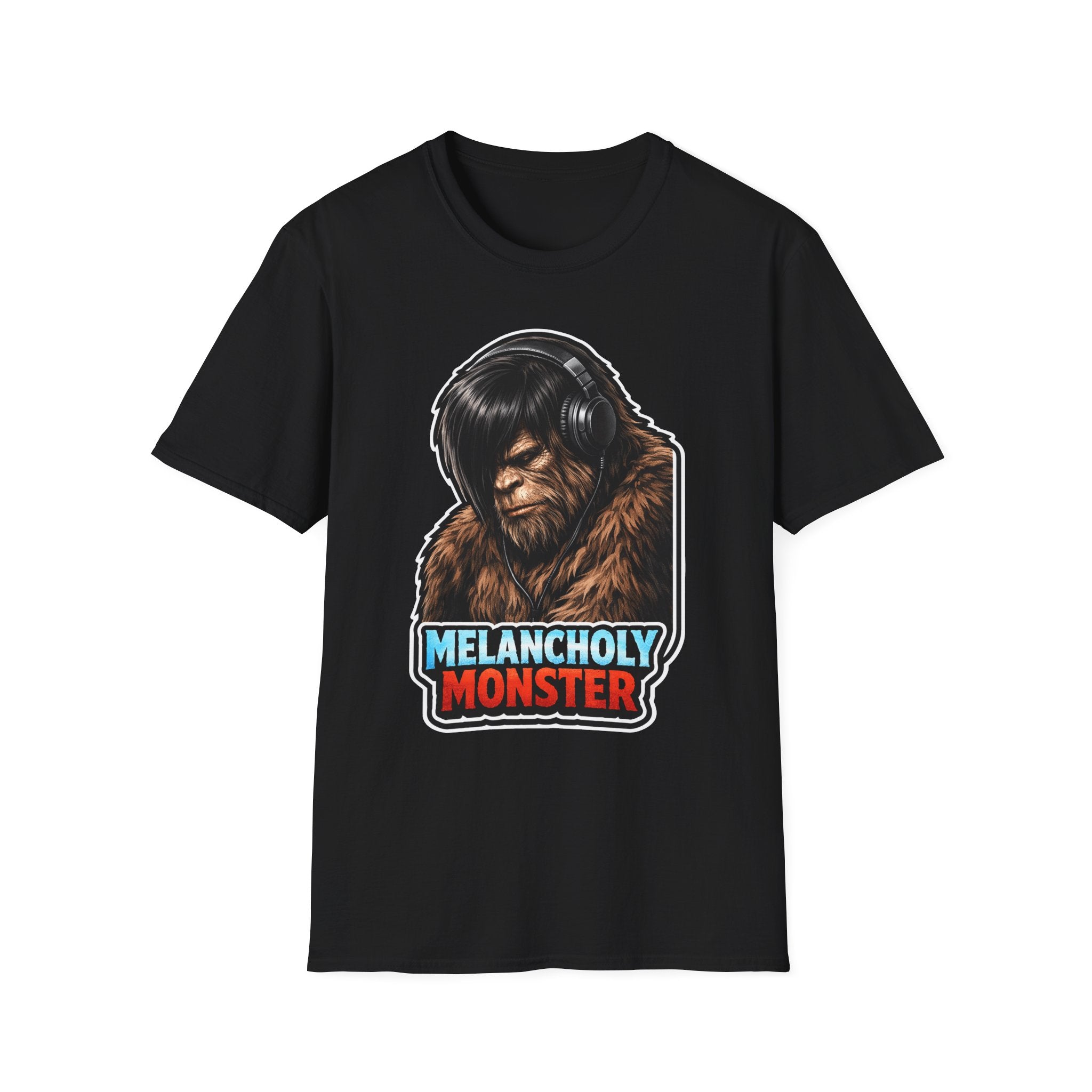 Melancholy Monster Emo Bigfoot T-Shirt - Headphones Sasquatch Music Lover Tee for Cryptid Fans