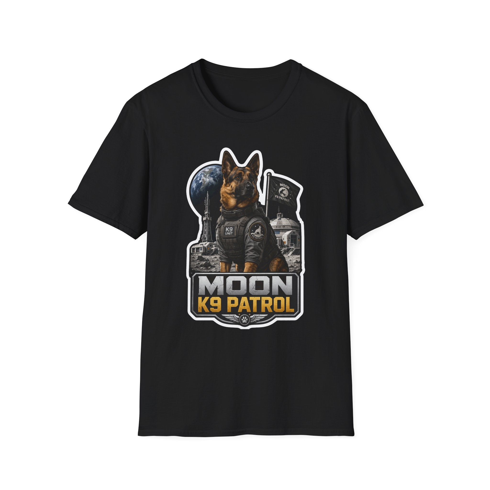 Moon K9 Patrol Funny German Shepherd Space Military T-Shirt | Cosmic Encounters Collection by PetPulse