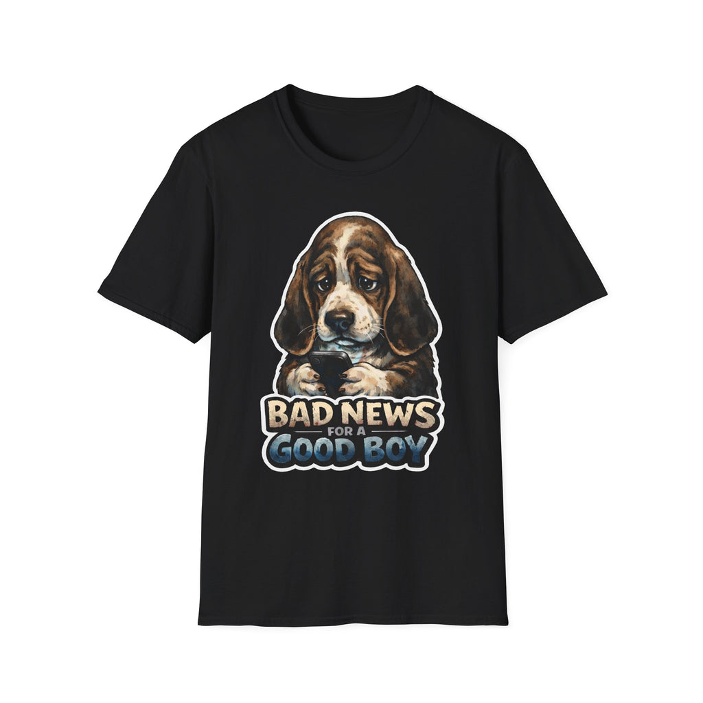 Bad News For a Good Boy Funny Basset Hound Doomscrolling T-Shirt | Tech Pack Collection by PetPulse
