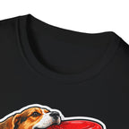 Patriotism Unleashed Funny Beagle Frisbee T-Shirt | Patriotic Beagle Catching Red Disc Graphic Tee | Uncle Sam Pups
