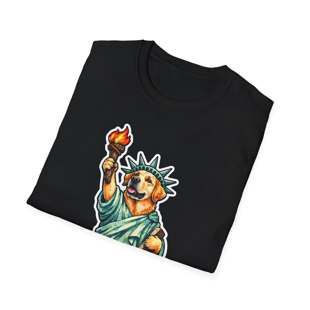 Fetching Freedom For All Funny Labrador Retriever Statue of Liberty T-Shirt | Lady Liberty Pups Collection by PetPulse