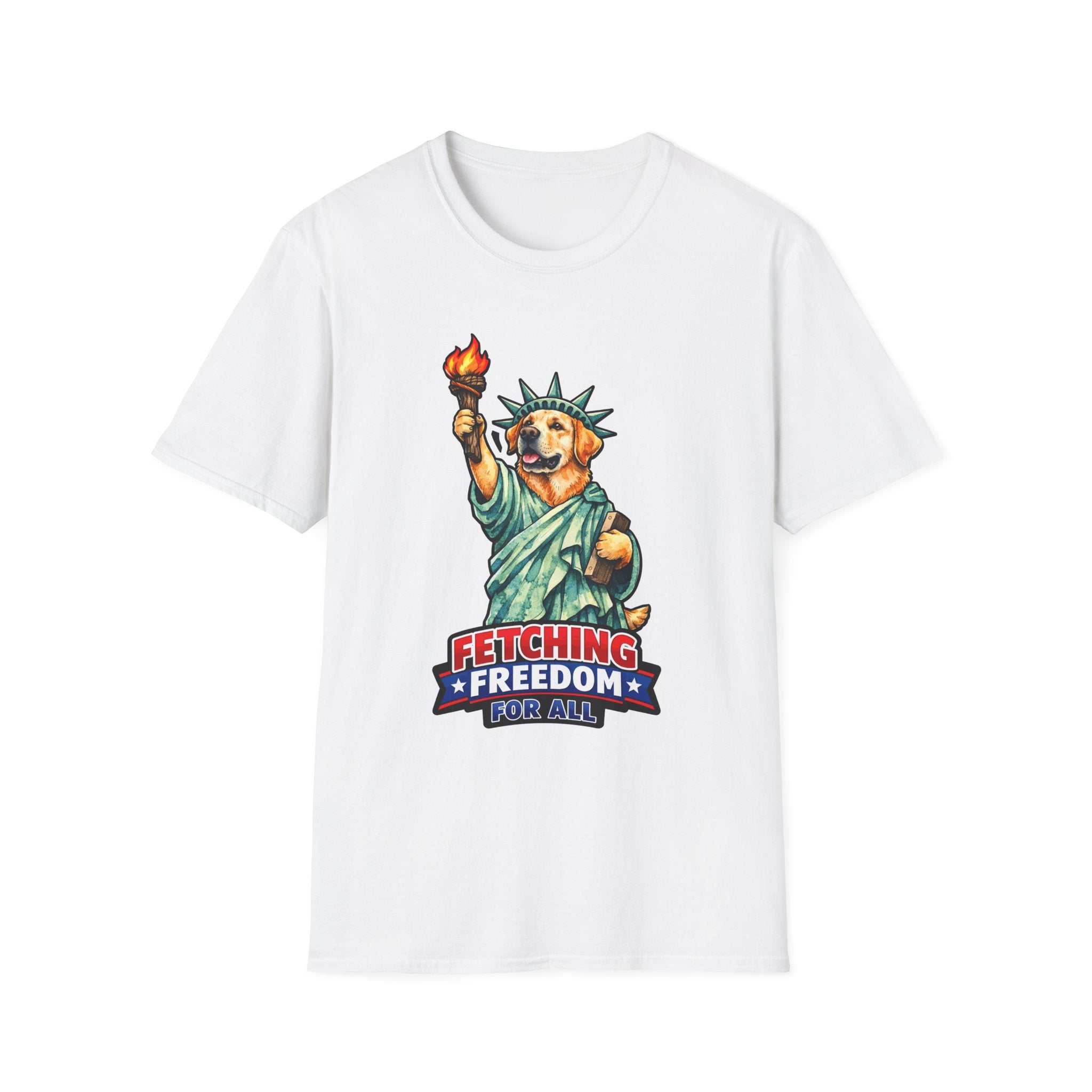 Fetching Freedom For All Funny Labrador Retriever Statue of Liberty T-Shirt | Lady Liberty Pups Collection by PetPulse