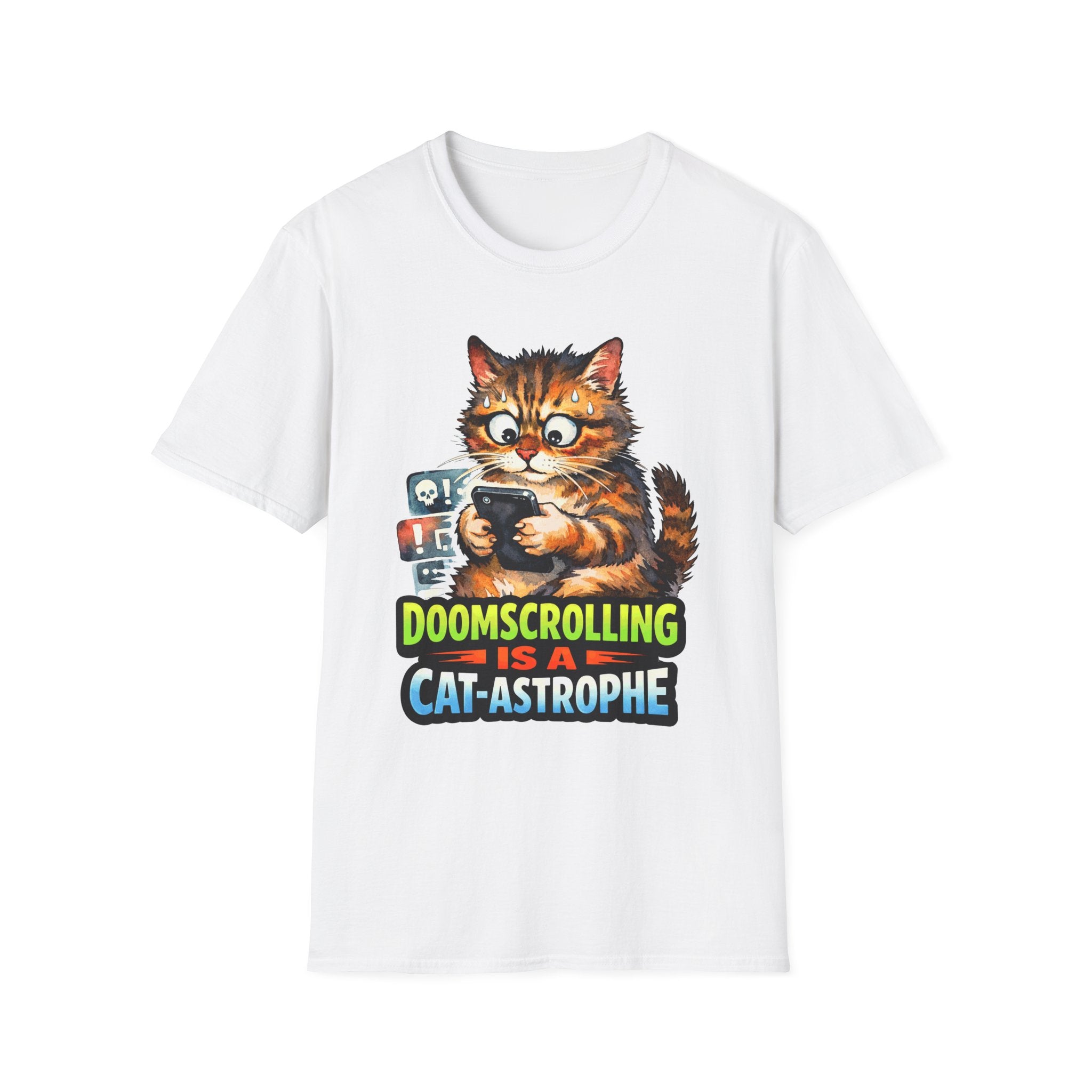 Doomscrolling Is A Cat-astrophe Funny Cat Pun T-Shirt | Tech Pack Collection by PetPulse