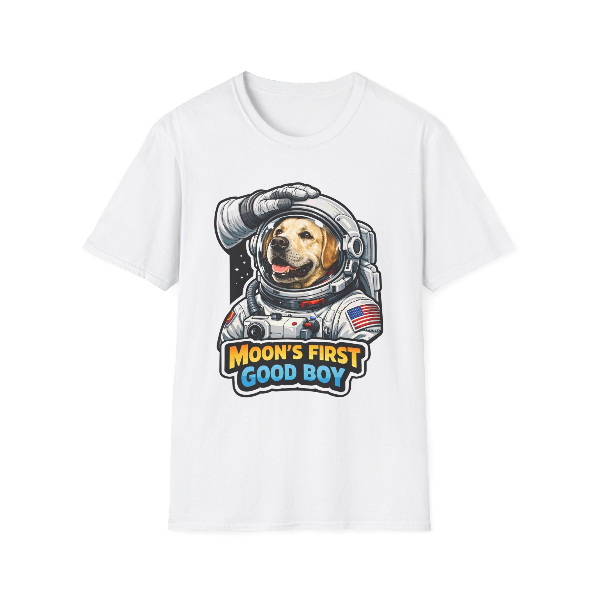 Moon's First Good Boy T-Shirt — Astronaut Dog Space Tee Moon’s First Good Boy Funny Astronaut Labrador T-Shirt | Cosmic Encounters Collection by PetPulse