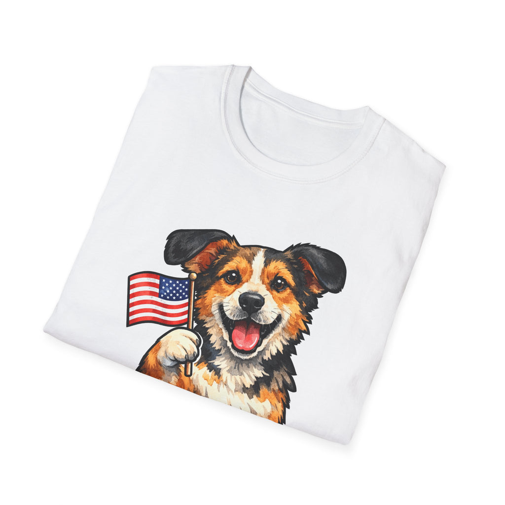 Four Legs For Freedom Patriotic Mixed Breed Dog T-Shirt | Rescue Mutt Waving American Flag Graphic Tee | Uncle Sam Pups