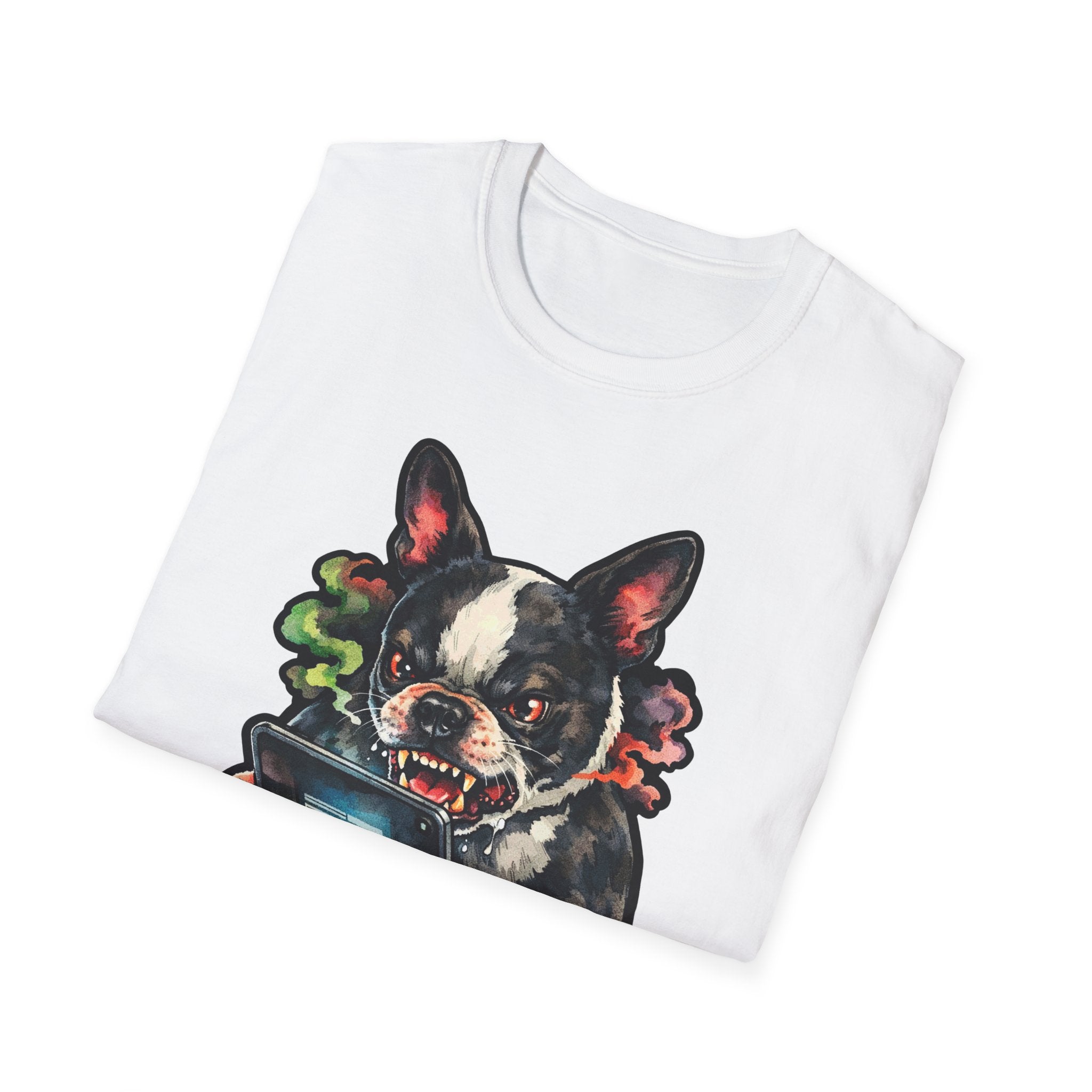 Growling Through the Doomscroll Funny Boston Terrier T-Shirt | Tech Pack Collection by PetPulse