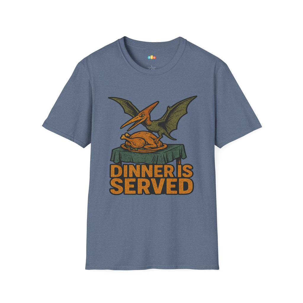 Dinner Is Served Pterodactyl Thanksgiving T-Shirt - Funny Flying Dinosaur Turkey Day Prehistoric Holiday Feast Tee