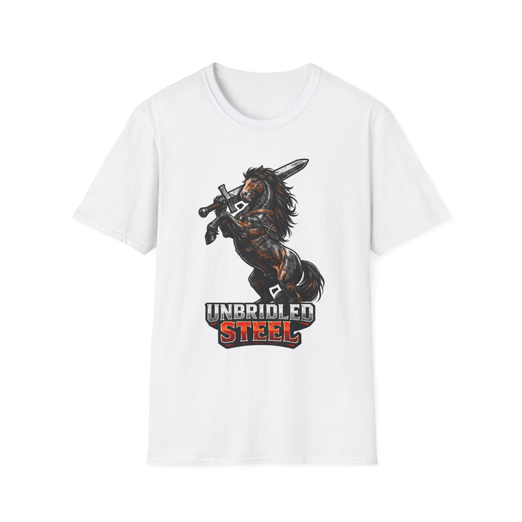 Unbridled Steel Action Hero Horse T-Shirt | Medieval Warrior Sword-Wielding Horse Graphic Tee | Mane Event Collection by PetPulse