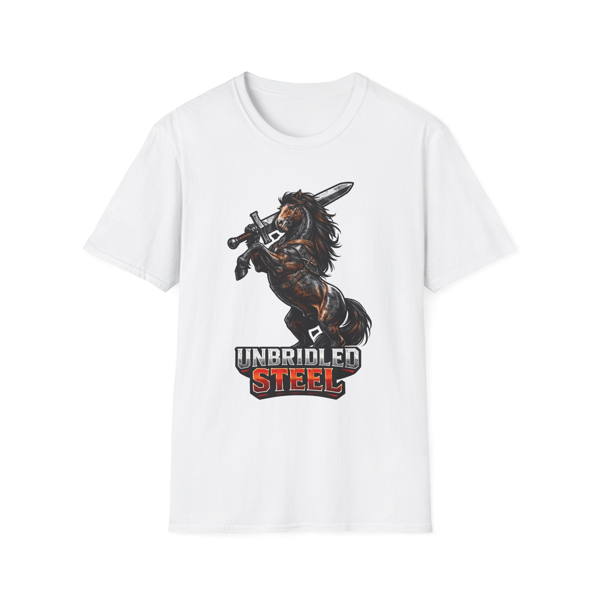 Unbridled Steel Action Hero Horse T-Shirt | Medieval Warrior Sword-Wielding Horse Graphic Tee | Mane Event Collection by PetPulse