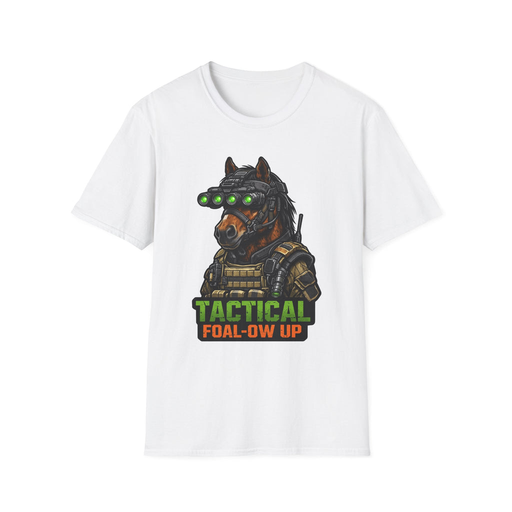 Tactical Foal-ow Up Action Hero Horse T-Shirt | Night Vision Special Ops Horse Graphic Tee | Mane Event Collection by PetPulse