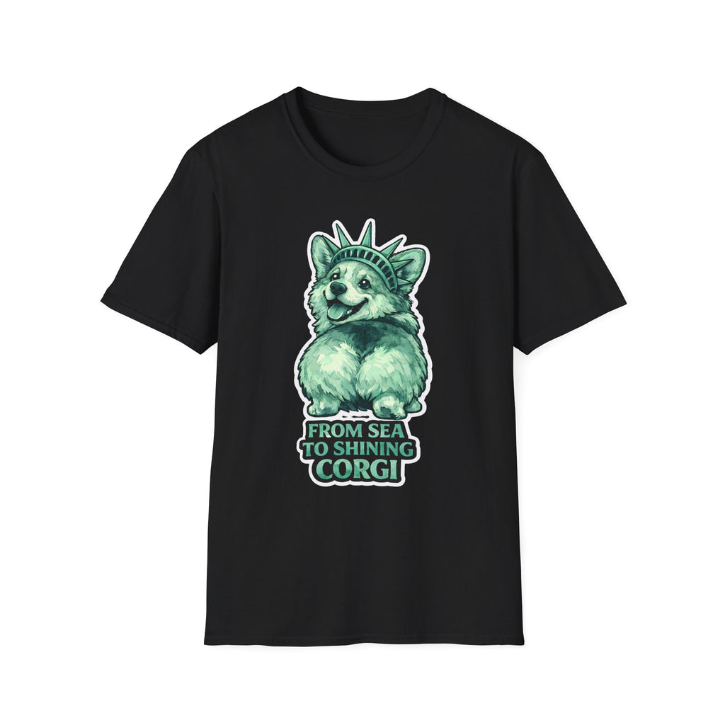From Sea to Shining Corgi Funny Corgi Butt Statue of Liberty T-Shirt | Lady Liberty Pups Collection by PetPulse