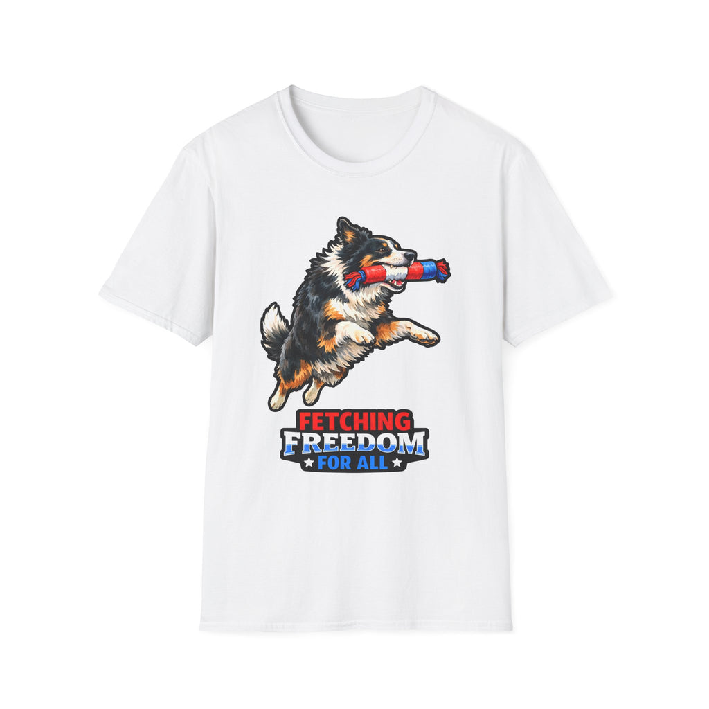 Fetching Freedom For All Patriotic Border Collie T-Shirt | Tri-Color Collie Firecracker Tug Toy Graphic Tee | Uncle Sam Pups