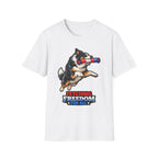 Fetching Freedom For All Patriotic Border Collie T-Shirt | Tri-Color Collie Firecracker Tug Toy Graphic Tee | Uncle Sam Pups