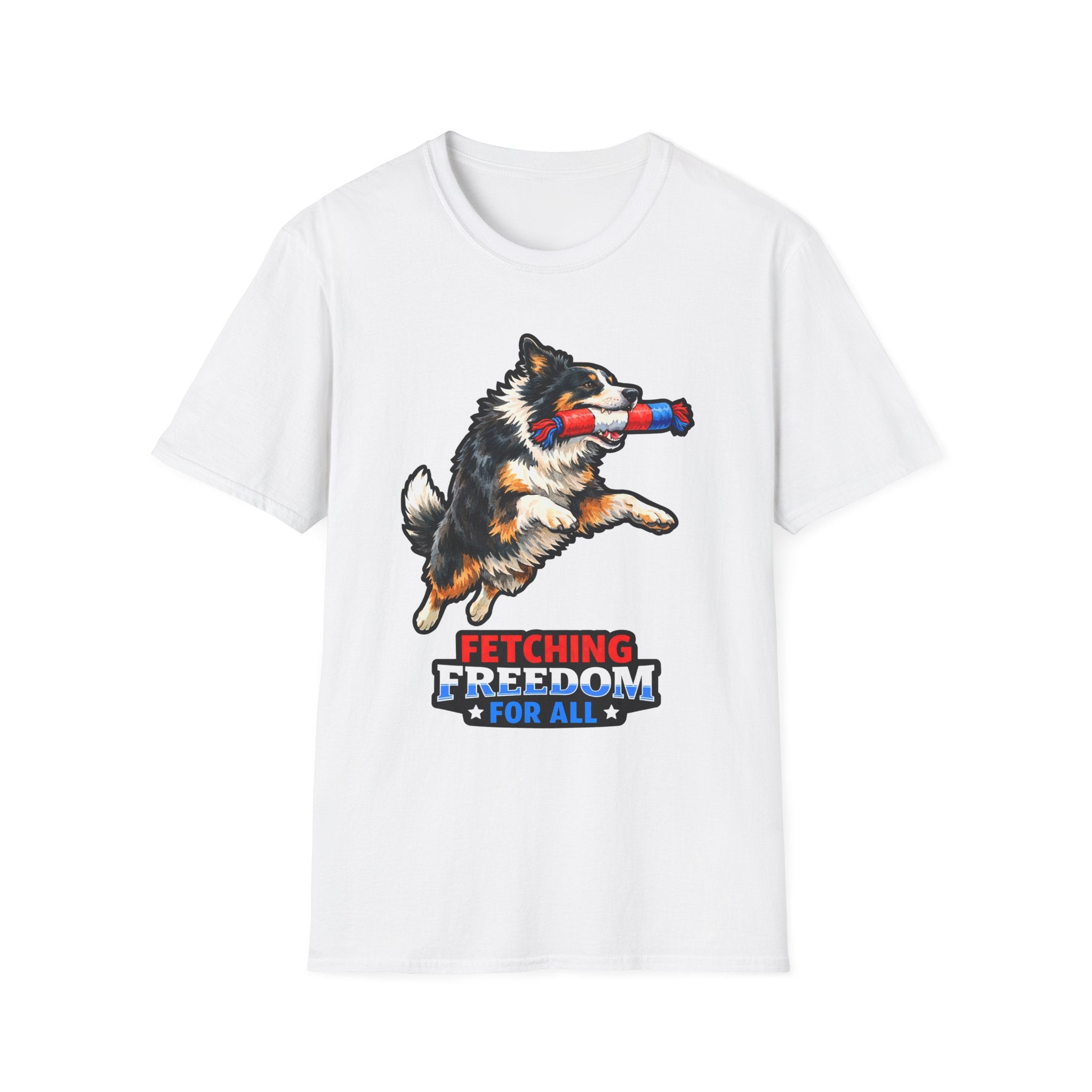 Fetching Freedom For All Patriotic Border Collie T-Shirt | Tri-Color Collie Firecracker Tug Toy Graphic Tee | Uncle Sam Pups