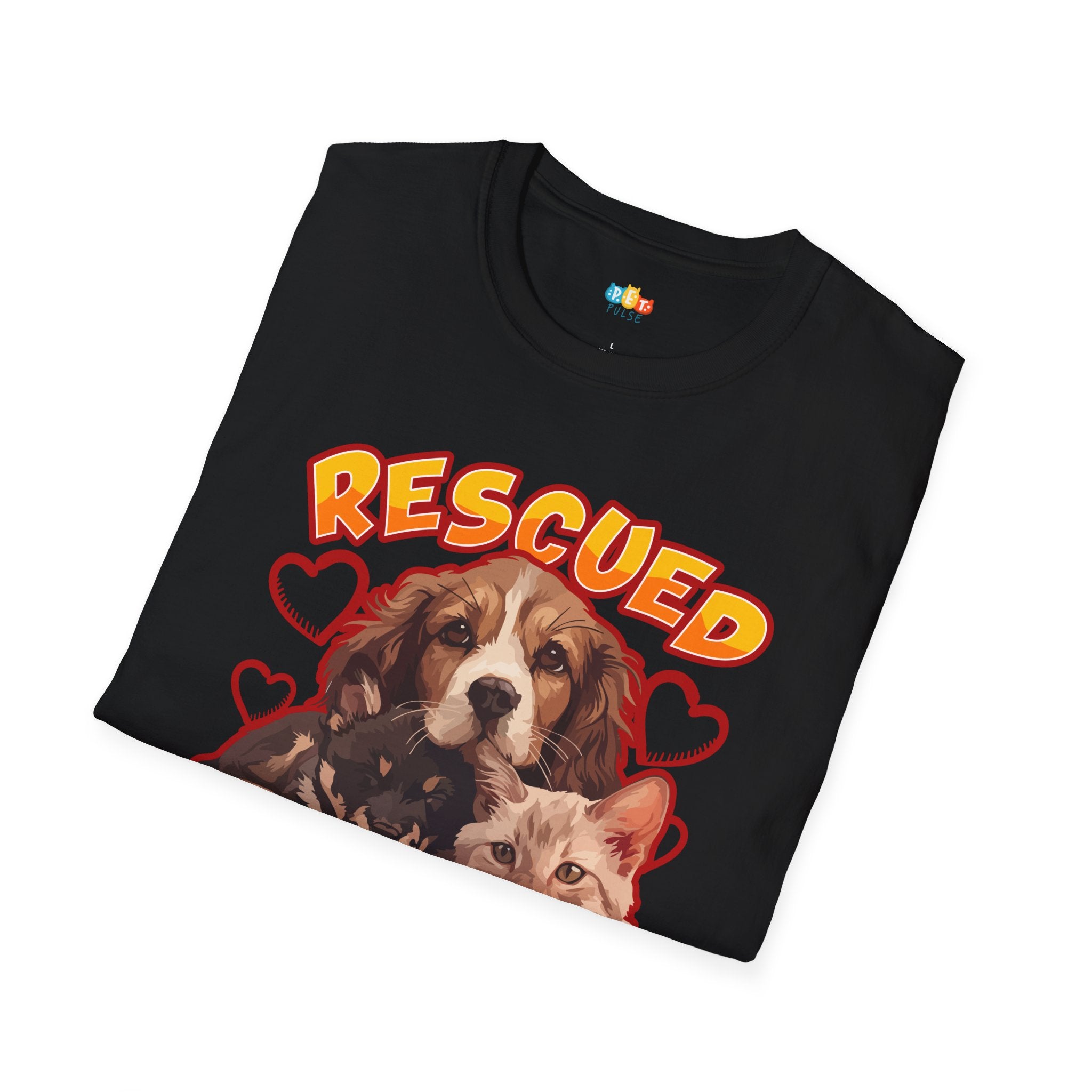 Rescued By Love Dog Cat T-Shirt - Multi Pet Rescue Parent Hero Dog Cat Puppy Kitten Graphic Tee