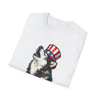 I Woof for Freedom Patriotic Howling Husky T-Shirt | Uncle Sam Siberian Husky Graphic Tee | Uncle Sam Pups