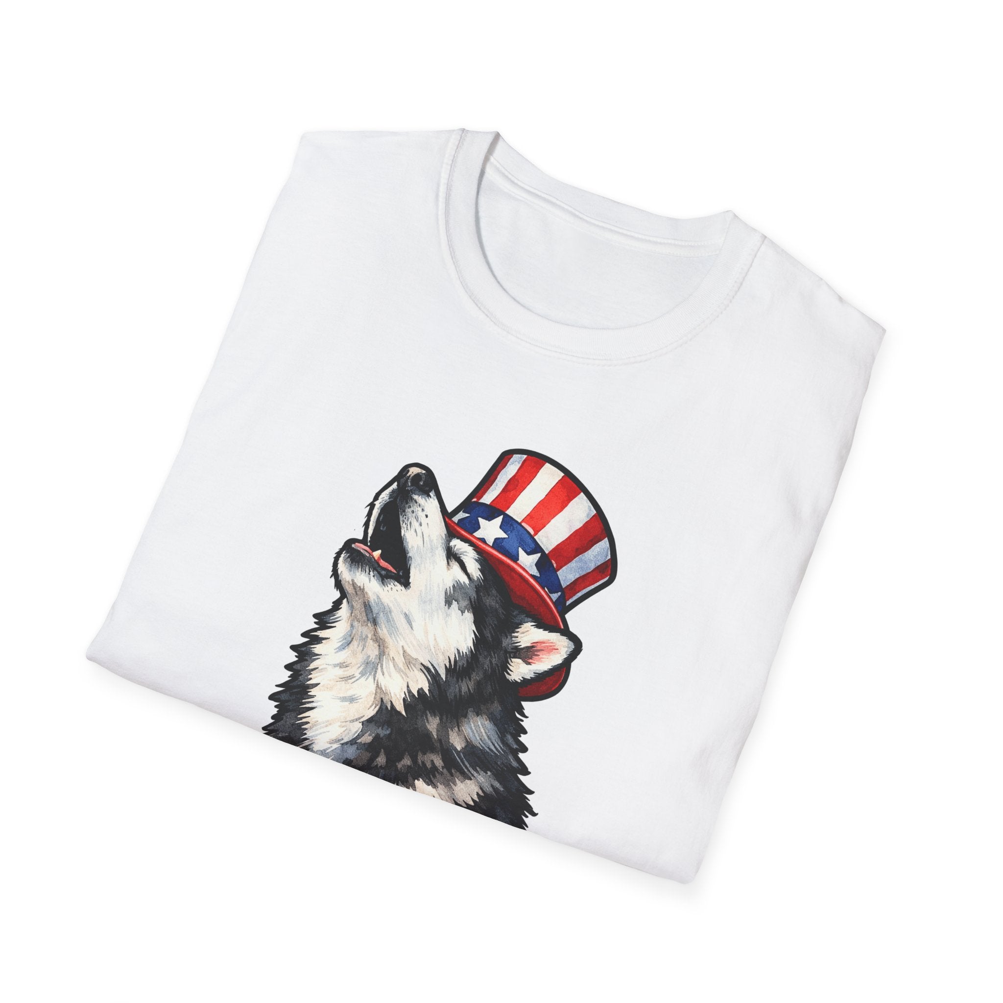 I Woof for Freedom Patriotic Howling Husky T-Shirt | Uncle Sam Siberian Husky Graphic Tee | Uncle Sam Pups