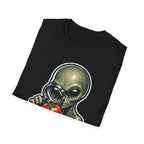 Probe the Produce Funny Alien Inspecting Tomato T-Shirt | Cosmic Encounters Collection by PetPulse