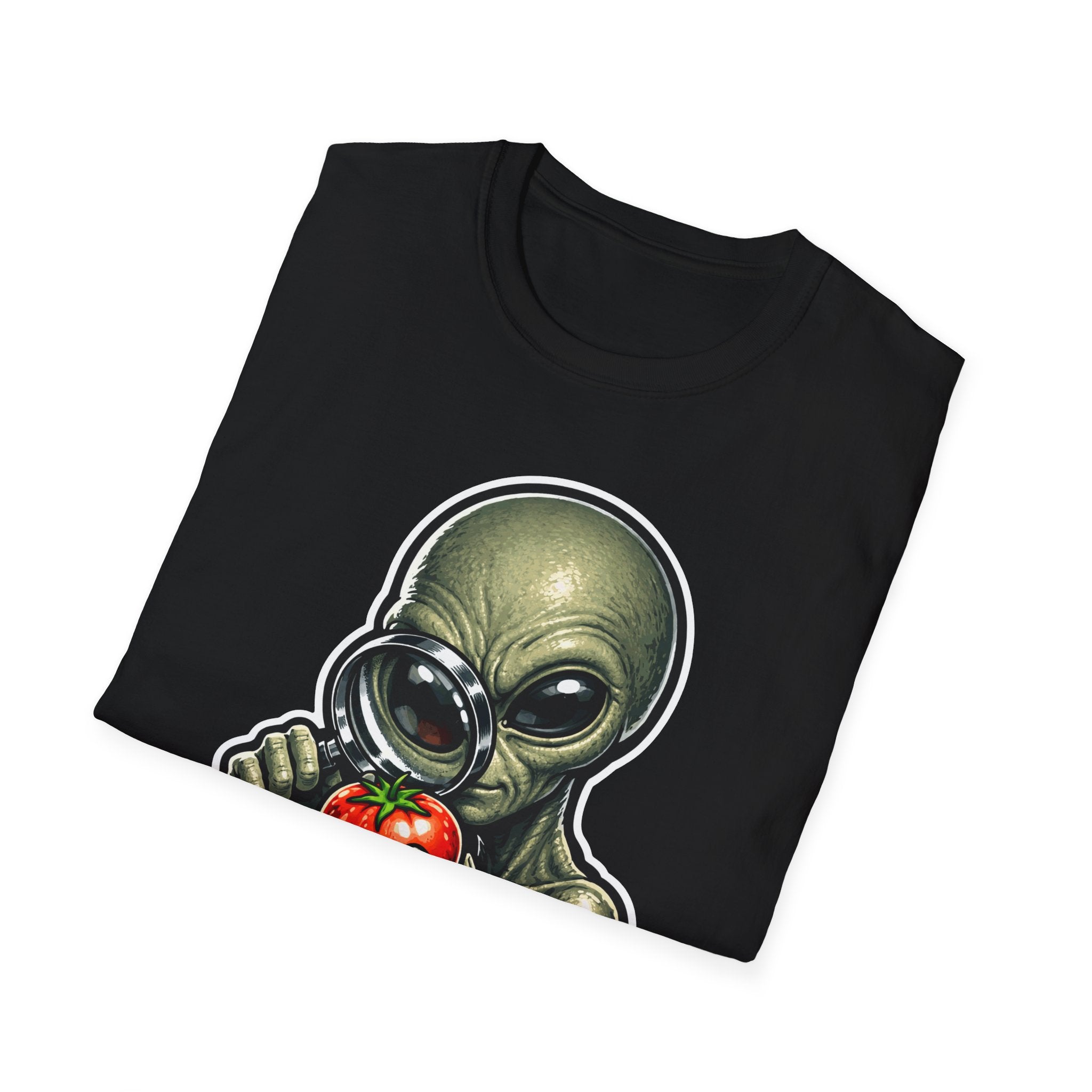 Probe the Produce Funny Alien Inspecting Tomato T-Shirt | Cosmic Encounters Collection by PetPulse