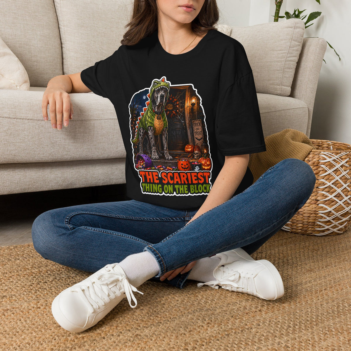 The Scariest Thing on the Block Great Dane Dinosaur Costume T-Shirt | Halloween Pet T-Shirts Collection by PetPulse