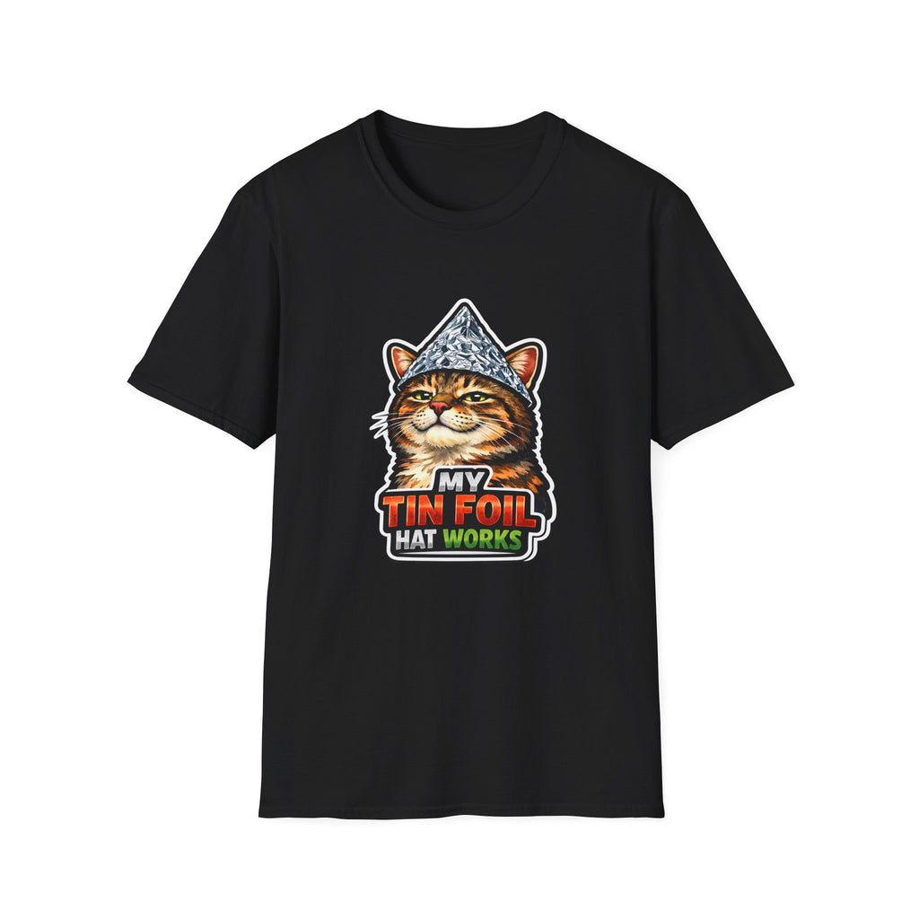 My Tin Foil Hat Works Funny Smug Conspiracy Cat T-Shirt | Cat-Spiracy Theorist Series | Pet-Spiracy Theorist Collection by PetPulse